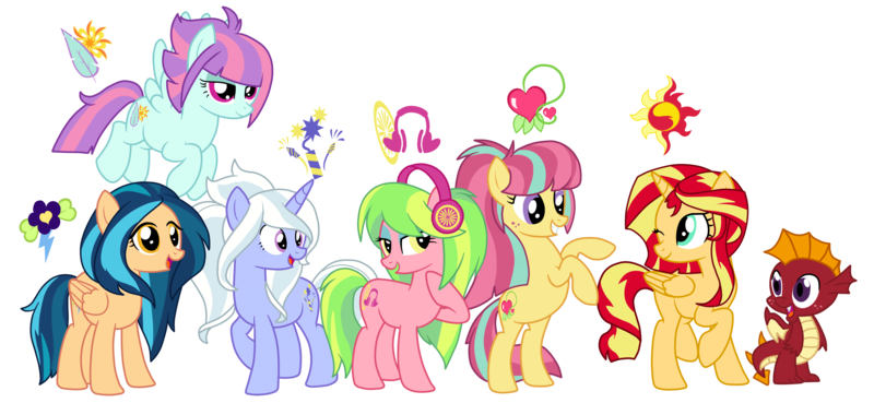 Size: 3250x1500 | Tagged: safe, artist:luckyclau, derpibooru import, garble, indigo zap, lemon zest, sour sweet, spike, sugarcoat, sunny flare, sunset shimmer, ponified, alicorn, pony, equestria girls, alicornified, alternate mane six, alternate universe, equestria girls ponified, group, race swap, shadow five, shimmercorn