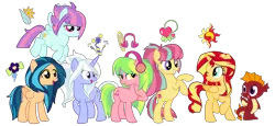 Size: 3250x1500 | Tagged: safe, artist:luckyclau, derpibooru import, garble, indigo zap, lemon zest, sour sweet, spike, sugarcoat, sunny flare, sunset shimmer, ponified, alicorn, pony, equestria girls, alicornified, alternate mane six, alternate universe, equestria girls ponified, group, race swap, shadow five, shimmercorn