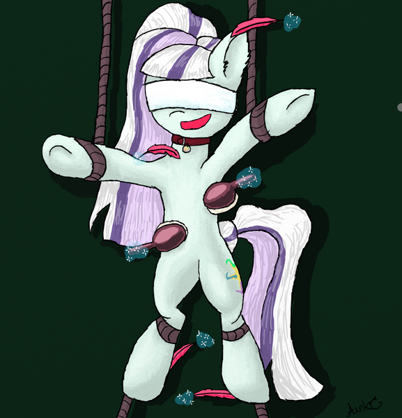 Size: 1000x1040 | Tagged: artist:alexdarkcats-newhome, blindfold, bondage, brush, collar, coloratura, countess coloratura, cutie mark collar, derpibooru import, feather, hoof tickling, offscreen character, rope, rope bondage, solo, suggestive, suspended, tickle torture, tickling