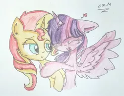 Size: 946x734 | Tagged: safe, artist:creeperzapminecraft, derpibooru import, sunset shimmer, twilight sparkle, twilight sparkle (alicorn), alicorn, pony, unicorn, cute, eyes closed, female, floppy ears, heart, hug, lesbian, mare, open mouth, shimmerbetes, shipping, simple background, spread wings, sunsetsparkle, twiabetes, wings