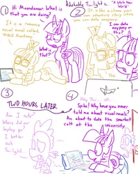 Size: 1280x1611 | Tagged: safe, artist:adorkabletwilightandfriends, derpibooru import, moondancer, spike, twilight sparkle, twilight sparkle (alicorn), alicorn, pony, comic:adorkable twilight and friends, ace academy, adorkable twilight, comic, computer, dating, dating sim, laptop computer, lineart, romance, slice of life, tablet, visual novel