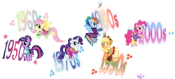 Size: 6607x2991 | Tagged: safe, artist:meganlovesangrybirds, derpibooru import, applejack, fluttershy, pinkie pie, rainbow dash, rarity, twilight sparkle, ponified, pony, equestria girls, friendship through the ages, rainbow rocks, '90s, 2000s, 50s, 60s, 70s, 80s, absurd resolution, clothes, cutie mark, dress, equestria girls outfit, equestria girls ponified, fashion, flying, mane six, open mouth, raised hoof, simple background, smiling, socks, spread wings, stockings, thigh highs, transparent background