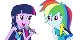 Size: 1280x714 | Tagged: safe, artist:natoumjsonic, derpibooru import, rainbow dash, twilight sparkle, equestria girls, rainbow rocks, clothes, duo, electric guitar, guitar, microphone, open mouth, simple background, transparent background, vector, welcome to the show