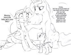 Size: 1280x989 | Tagged: safe, artist:silfoe, derpibooru import, princess luna, twilight sparkle, twilight sparkle (alicorn), oc, oc:pterus, alicorn, bat pony, pony, other royal book, adopted offspring, belly, black and white, dialogue, female, grayscale, lesbian, monochrome, parent:princess luna, parent:twilight sparkle, parents:twiluna, pregnant, shipping, simple background, speech bubble, the birds and the bees, the talk, twiluna, white background