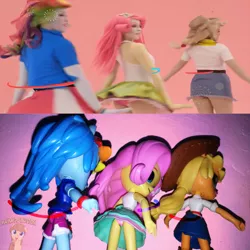 Size: 2560x2560 | Tagged: suggestive, derpibooru import, applejack, fluttershy, rainbow dash, human, equestria girls, clothes, cosplay, costume, cowboy hat, dancing, denim skirt, doll, eqg el show en vivo, equestria girls minis, eqventures of the minis, hat, image macro, irl, irl human, meme, panties, panty shot, photo, pink underwear, scene interpretation, skirt, skirt lift, stetson, toy, underwear, upskirt