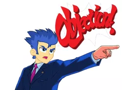 Size: 550x404 | Tagged: ace attorney, artist:mrcteddy, clothes, derpibooru import, flash sentry, flash sentry ace attorney, objection, phoenix wright, safe, simple background, solo, suit, white background