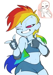 Size: 536x759 | Tagged: safe, artist:bigdad, derpibooru import, rainbow dash, human, satyr, equestria girls, clothes, elbow pads, fingerless gloves, gloves, gym shorts, human facial structure, one eye closed, pony colored satyr, pony coloring, shorts, simple background, solo, sports bra, sports shorts, white background, wink