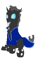 Size: 4500x7000 | Tagged: absurd resolution, artist:glacierfrostclaw, changeling, changeling oc, clothes, derpibooru import, dog tags, drone, oc, oc:404, safe, simple background, solo, transparent background, unofficial characters only, white changeling