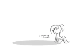 Size: 600x400 | Tagged: safe, artist:glimglam, derpibooru import, oc, oc:pole position, unofficial characters only, earth pony, pony, burning, chibi, female, grayscale, mare, monochrome, ponytail, shadow, simple background, sitting, smiling, solo, white background