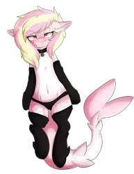 Size: 1819x2351 | Tagged: artist:oddends, belly, belly button, clothes, collar, derpibooru import, oc, oc:rainy skies, original species, piercing, semi-anthro, shark pony, socks, solo, suggestive, unofficial characters only