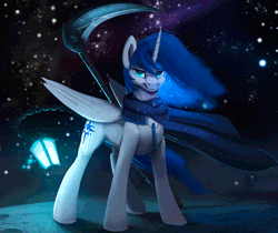 Size: 680x570 | Tagged: safe, artist:rodrigues404, derpibooru import, oc, oc:prince nova, unofficial characters only, alicorn, pony, alicorn oc, animated, cinemagraph, clothes, gif, male, scythe, solo, stars, weapon