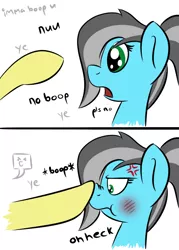 Size: 500x700 | Tagged: angry, annoyed, artist:glimglam, blushing, boop, cross-popping veins, cute, derpibooru import, dialogue, disembodied hoof, frown, glare, heck, hooves, no, non-consensual booping, nose wrinkle, oc, ocbetes, oc:pole position, offscreen character, open mouth, pls, pls no, puffy cheeks, safe, scrunchy face, :t, unofficial characters only, wide eyes, ye