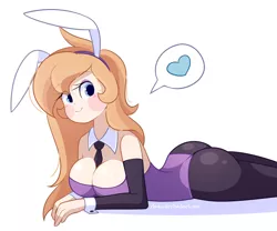 Size: 800x664 | Tagged: artist:riouku, big breasts, breasts, bunny ears, bunny suit, cleavage, clothes, derpibooru import, female, heart, human, humanized, humanized oc, leotard, looking at you, oc, oc:peachy cream, pantyhose, prone, solo, solo female, suggestive, thong leotard, unofficial characters only, wedgie