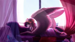 Size: 2560x1440 | Tagged: safe, artist:joellethenose, derpibooru import, princess flurry heart, alicorn, pony, couch, crown, drapes, female, frown, jewelry, large wings, looking at you, mare, older, prone, regalia, solo, story included, subsurface scattering, sunlight, window, wings