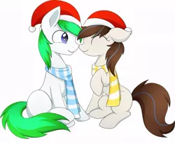 Size: 985x811 | Tagged: safe, artist:scarlet-spectrum, derpibooru import, oc, oc:bing, oc:breezy, unofficial characters only, earth pony, pony, bingzy, clothes, commission, cute, hat, santa hat, scarf, simple background, white background