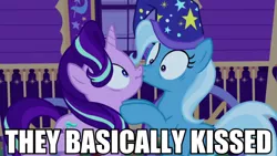 Size: 1920x1080 | Tagged: safe, derpibooru import, edit, edited screencap, screencap, starlight glimmer, trixie, pony, unicorn, totally legit recap, to where and back again, accidental kiss, boop, female, kissing, lesbian, mare, noseboop, scrunchy face, shipping, startrix