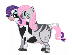 Size: 821x631 | Tagged: artist:theunknowenone1, conjoined, cow, derpibooru import, fluttershy, fusion, multiple heads, raricow, rarity, safe, species swap, two heads, udder, wat, we have become one, zebra, zebrow