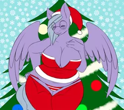 Size: 1280x1137 | Tagged: anthro, anthro oc, big breasts, blushing, breasts, christmas, christmas tree, chubby, cleavage, clothes, commission, costume, derpibooru import, eyes closed, female, hat, holiday, oc, oc:fluffy cloth, open fly, panties, pegasus, plump, santa costume, santa hat, sexy, sexy santa costume, solo, solo female, suggestive, tree, underwear, unofficial characters only