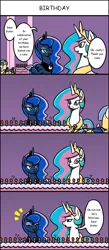 Size: 650x1485 | Tagged: age joke, artist:acesrockz, birthday, birthday cake, cake, cakelestia, candle, comic, crown, cute, derpibooru import, dialogue, food, jewelry, old, prank, princess celestia, princess luna, regalia, royal guard, royal sisters, safe, smug, smugluna, this will end in weight gain, trolluna