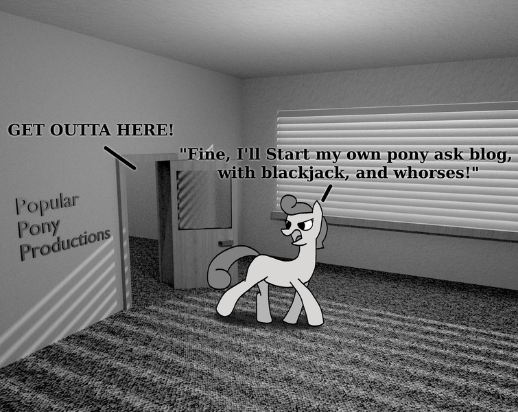 Size: 3052x2424 | Tagged: safe, artist:thepristineeye, derpibooru import, oc, oc:intern, unofficial characters only, earth pony, pony, 3d, anotherdamnponyaskblog, blender, dialogue, monochrome, text, tumblr, vulgar