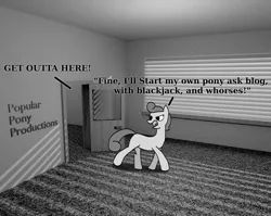 Size: 3052x2424 | Tagged: safe, artist:thepristineeye, derpibooru import, oc, oc:intern, unofficial characters only, earth pony, pony, 3d, anotherdamnponyaskblog, blender, dialogue, monochrome, text, tumblr, vulgar