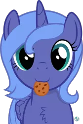 Size: 1959x2920 | Tagged: safe, artist:arifproject, derpibooru import, princess luna, alicorn, pony, :3, arif's scrunchy pone, chest fluff, cookie, cute, female, filly, food, looking at you, mare, mouth hold, s1 luna, simple background, solo, transparent background, vector, woona, younger