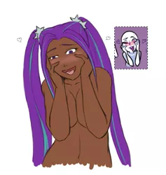 Size: 475x502 | Tagged: ahegao, ahego meme, aria blaze, artist:eve-ashgrove, belly button, big breasts, blushing, breasts, busty aria blaze, complete nudity, dark skin, derpibooru import, expressions, female, heart, human, human coloration, humanized, nudity, open mouth, rainbow rocks, simple background, solo, solo female, suggestive, white background