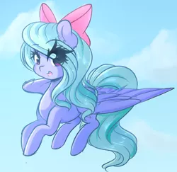 Size: 1280x1246 | Tagged: safe, artist:fluffymaiden, derpibooru import, flitter, pegasus, pony, bow, cloud, eye clipping through hair, female, flying, hair bow, looking at you, mare, open mouth, sky, solo, spread wings, wings