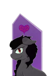 Size: 957x1469 | Tagged: abstract background, artist:wulfanite, bust, derpibooru import, floppy ears, heart, looking at you, next generation, oc, oc:umbra heart, offspring, parent:king sombra, portrait, safe, simple background, smirk, solo, transparent background, unofficial characters only