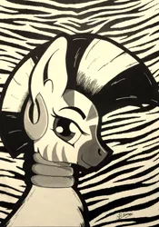 Size: 2282x3259 | Tagged: artist:mrpenceaul, black and white, bust, derpibooru import, grayscale, looking at you, monochrome, portrait, safe, solo, stripes, traditional art, zebra, zecora