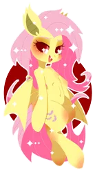 Size: 1056x1912 | Tagged: safe, artist:snow angel, derpibooru import, fluttershy, bat pony, pony, abstract background, belly button, bipedal, colored pupils, cute little fangs, fangs, flutterbat, looking at you, open mouth, race swap, red eyes, simple background, smiling, solo, spread wings, transparent background
