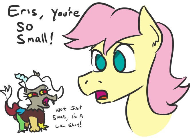 Size: 674x481 | Tagged: artist:jargon scott, butterscotch, derpibooru import, discord, eris, fluttershy, micro, pun, rule 63, safe, size difference, u lil shid, vulgar