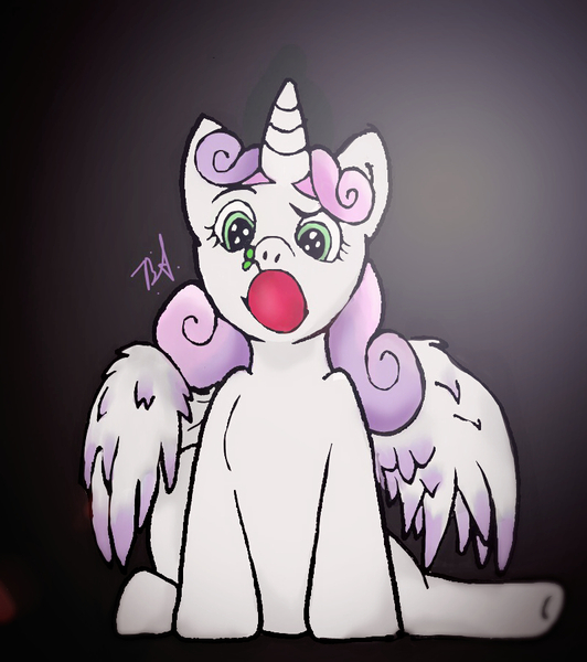 Size: 798x900 | Tagged: safe, artist:baserenity, derpibooru import, sweetie belle, alicorn, pony, alicornified, apple, food, mouth hold, open mouth, race swap, solo, sweetiecorn