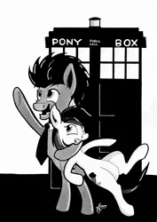 Size: 4807x6788 | Tagged: safe, artist:mrpenceaul, derpibooru import, doctor whooves, roseluck, time turner, pony, absurd resolution, bipedal, bipedal leaning, doctor who, leaning, monochrome, tardis, traditional art, x x everywhere