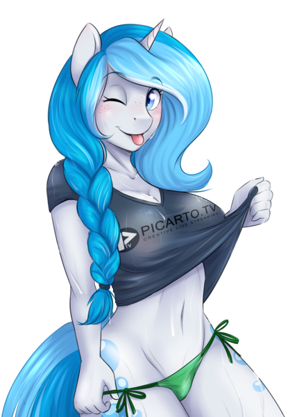 Size: 2491x3576 | Tagged: questionable, artist:askbubblelee, derpibooru import, oc, oc:bubble lee, oc:imago, unofficial characters only, anthro, unicorn, adorasexy, anthro oc, big breasts, both cutie marks, braid, breasts, clothes, colored pupils, cute, female, freckles, green underwear, looking at you, midriff, nipple outline, ocbetes, one eye closed, open mouth, panties, picarto, sexy, shirt, shirt lift, simple background, smiling, solo, solo female, sponsor, sponsors, teasing, transparent background, underwear, wet, wet shirt, wide hips, wink