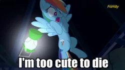 Size: 1104x621 | Tagged: 28 pranks later, dark, derpibooru import, discovery family logo, edit, edited screencap, flying, image macro, lantern, meme, minecraft:story mode, rainbow dash, safe, scared, scaredy dash, screaming, screencap, solo