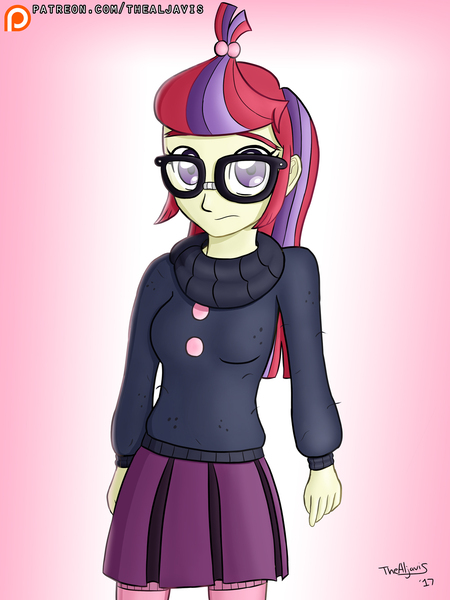 Size: 1000x1333 | Tagged: safe, artist:thealjavis, derpibooru import, moondancer, equestria girls, clothes, glasses, multiple variants, pleated skirt, skirt, socks, solo, stockings, sweater, thigh highs