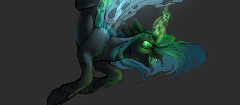 Size: 5034x2200 | Tagged: absurd resolution, artist:kerydarling, derpibooru import, flying, magic, open mouth, queen chrysalis, safe, simple background, solo