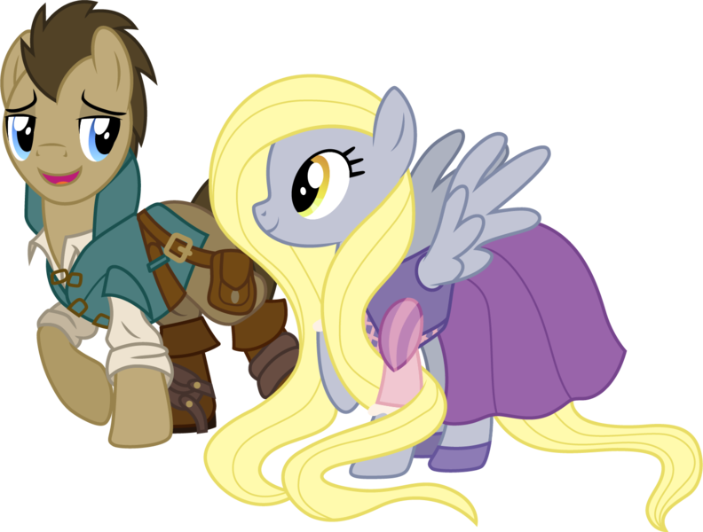 Size: 1501x1137 | Tagged: safe, artist:cloudyglow, derpibooru import, derpy hooves, doctor whooves, time turner, pegasus, pony, alternate hairstyle, bag, blonde, boots, clothes, clothes swap, cosplay, costume, crossover, cute, disney, doctorbetes, doctorderpy, dress, female, flynn rider, long mane, male, mare, rapunzel, shipping, shirt, simple background, straight, tangled (disney), transparent background, vector