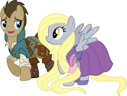 Size: 1501x1137 | Tagged: safe, artist:cloudyglow, derpibooru import, derpy hooves, doctor whooves, time turner, pegasus, pony, alternate hairstyle, bag, blonde, boots, clothes, clothes swap, cosplay, costume, crossover, cute, disney, doctorbetes, doctorderpy, dress, female, flynn rider, long mane, male, mare, rapunzel, shipping, shirt, simple background, straight, tangled (disney), transparent background, vector