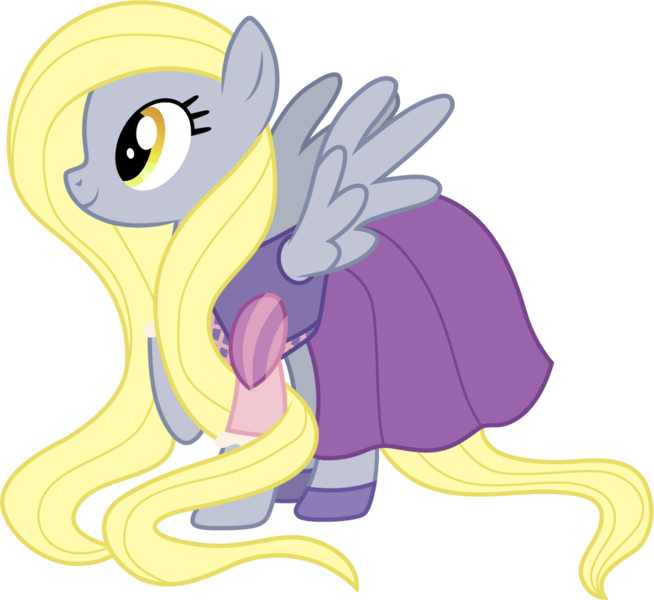 Size: 1001x919 | Tagged: safe, artist:cloudyglow, derpibooru import, derpy hooves, pegasus, pony, alternate hairstyle, blonde, clothes, clothes swap, cosplay, costume, crossover, disney, dress, female, long mane, mare, raised hoof, rapunzel, simple background, smiling, solo, tangled (disney), transparent background, vector