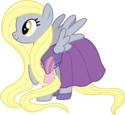 Size: 1001x919 | Tagged: safe, artist:cloudyglow, derpibooru import, derpy hooves, pegasus, pony, alternate hairstyle, blonde, clothes, clothes swap, cosplay, costume, crossover, disney, dress, female, long mane, mare, raised hoof, rapunzel, simple background, smiling, solo, tangled (disney), transparent background, vector