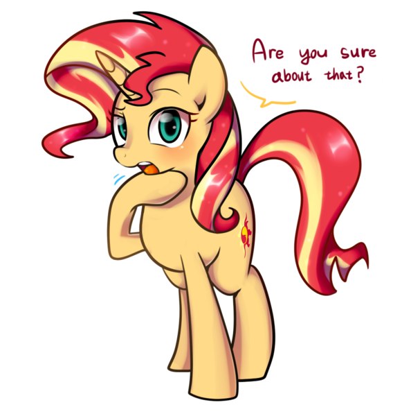 Size: 900x930 | Tagged: safe, artist:haden-2375, derpibooru import, sunset shimmer, ponified, pony, unicorn, are you sure about that, blushing, dialogue, equestria girls ponified, female, horn, looking at you, mare, open mouth, question mark, raised hoof, simple background, solo, speech bubble, transparent background