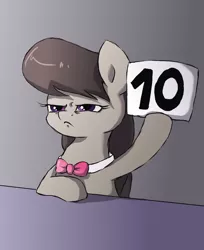 Size: 902x1108 | Tagged: safe, artist:buttersprinkle, derpibooru import, octavia melody, earth pony, pony, 10/10, :c, female, frown, glare, gray background, hoof hold, leaning, mare, octavia is not amused, rating, score, score cards, simple background, solo, unamused