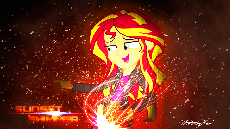 Size: 1600x900 | Tagged: safe, artist:fluttershyikmal, artist:neutron-quasar, derpibooru import, sunset shimmer, human, equestria girls, clothes, effects, female, jacket, leather jacket, lens flare, solo, vector, wallpaper, you must be new here