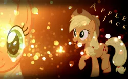 Size: 2560x1600 | Tagged: safe, artist:dovahbruh, derpibooru import, applejack, earth pony, pony, bubble, female, hat, lens flare, looking at you, mare, raised hoof, solo, vector, wallpaper