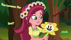 Size: 1024x572 | Tagged: safe, artist:gloriosa-everfree, derpibooru import, edit, edited screencap, screencap, gloriosa daisy, equestria girls, crossover, flowey, spanish, undertale, watermark