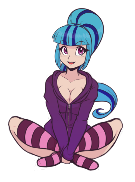 Size: 1926x2600 | Tagged: suggestive, artist:scorpdk, derpibooru import, sonata dusk, human, equestria girls, rainbow rocks, adorasexy, big breasts, blushing, breasts, busty sonata dusk, cleavage, clothes, crossed legs, cute, female, full body, hoodie, human coloration, humanized, looking at you, open mouth, ponytail, sexy, simple background, sitting, smiling, socks, solo, solo female, striped socks, sweat, sweater, transparent background, weapons-grade cute