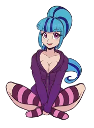 Size: 1926x2600 | Tagged: suggestive, artist:scorpdk, derpibooru import, sonata dusk, human, equestria girls, rainbow rocks, adorasexy, big breasts, blushing, breasts, busty sonata dusk, cleavage, clothes, crossed legs, cute, female, full body, hoodie, human coloration, humanized, looking at you, open mouth, ponytail, sexy, simple background, sitting, smiling, socks, solo, solo female, striped socks, sweat, sweater, transparent background, weapons-grade cute