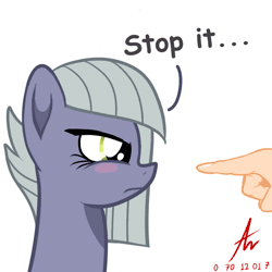 Size: 1000x1000 | Tagged: safe, artist:truffle shine, derpibooru import, limestone pie, human, pony, :t, adorable distress, animated, blush sticker, blushing, boop, cute, dialogue, eyes closed, female, fingers, gif, hand, mare, non-consensual booping, nose wrinkle, scrunchy face, signature, simple background, this will end in pain, white background